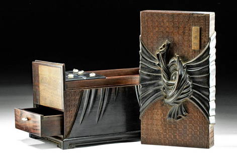 19th C. Chinese Rosewood Jewelry Box Auspicious Buddha: East Asia, China, Qing Dynasty, ca. 19th to early 20th century CE. A wonderful rosewood jewelry box with inlaid darker wood panels that are carved to create a knotted fabric effect. The surface is