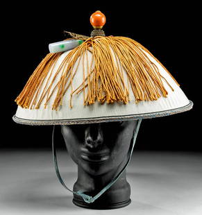 19th C. Chinese Qing Officer's Hat w/ Jade Sphere: East Asia, China, Qing Dynasty, ca. late 19th to early 20th century. A fantastic officer's hat made of bamboo and silk fabric with a domed and conical shape. The top is capped with a finial
