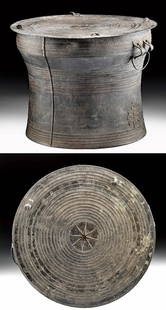 Exhibited 19th C. Burmese Leaded Bronze Rain Drum: Southeast Asia, Burma (modern day Myanmar), ca. late 19th to early 20th century. A fabulous leaded bronze drum known as a "Karen Rain Drum" with an impressive decorative program and rich iconography
