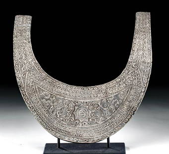 Beautiful 19th C. Indonesian Silver Lamba / Head Accent: Southeast Asia, Indonesia, Sumba Island, ca. late 19th to early 20th century CE. A splendid, high quality silver head ornament known as a lamba of crescent form presenting with a thick midsection and