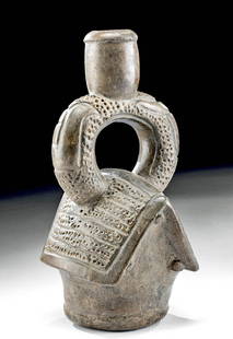 Chavin Earthenware Stirrup Vessel of Home (Chosa): Pre-Columbian, North Coast Peru, Casa Grande, earliest type of stirrup vessel called "Classic Chavin", ca. 1200 BCE. A very fine example of the early monochrome stirrup vessels found in the mountains