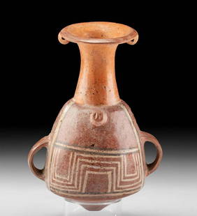 Near-Miniature Inca Polychrome Pottery Urpu: Pre-Columbian, Northern Peru, Inca, ca. 1400 to 1532 CE. A wonderful terracotta aryballos-shaped vessel known as an urpu, a classic form that was developed and used only by the Inca in the Americas.