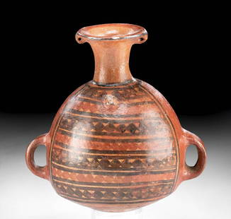 Inca Polychrome Aryballos - Extensively Decorated w/ TL: Pre-Columbian, Northern Peru, Inca, ca. 1400 to 1532 CE. An extensively decorated polychrome pottery vessel called an aryballos due to its similarities to Greek vessels of this shape, but also known a