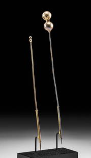 Lot of 2 Nazca Gold Tupus - A Stunning Pair!: Pre-Columbian, South Coast Peru, Nazca, ca. 100 to 300 CE. A dazzling pair of golden tupus - ancient Andean versions of brooches or shawl pins - of minimalistic forms. Both stunning implements boast