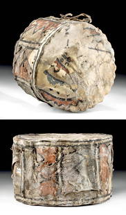 Nazca Polychrome Wood / Hide Double-Sided Drum: Pre-Columbian, South Coast Peru, Nazca culture, ca. 100 BCE to 1000 CE. A rare and impressive double-sided drum, known as a tinya, boasting a cylindrical form and constructed from two branches bent