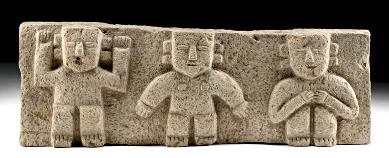 Manteno Stone Relief Panel with Three Figures: Pre-Columbian, Ecuador, Manteno, ca. 1000 CE. A fabulous hand-carved stone relief of rectangular form exhibiting three seated figures, all presenting thick bodies with raised shins, large arms, flat