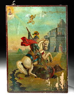 19th C. Greek Painting - St. George and the Dragon: Southeastern Europe, Greece, 19th century. Inscribed on the upper right and signed by the artist on the lower right, a finely painted wooden panel depicting Saint George wearing shiny armor atop his