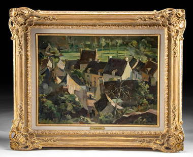 Framed William Draper Painting - Brittany, 1962: William Franklin Draper American, 1912-2003), "Rochefort en Terre, Brittany" oil on board, 1962. Signed "Wm. F. Draper" on lower right. A beautiful landscape painting of Brittany, France by American