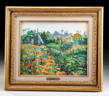 Framed & Signed W. Draper Mexican Landscape, 1988: William Franklin Draper (American, 1912-2003). "Flowers Ixtapan de la Sal" oil on canvas, 1988. Signed "Wm. F. Draper on lower right. A vibrant landscape painting of Ixtapan de la Sal - a town in