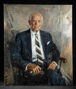William Draper Portrait of Mature Gentleman, ca. 1980s: William Franklin Draper (American, 1912-2003). Untitled portrait - oil on canvas, ca. 1980s. A formal portrait of a distinguished elderly gentleman painted by American artist William Draper. While
