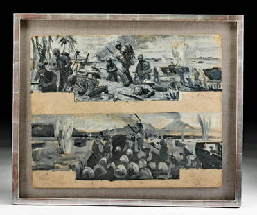 Framed Pair - William Draper WWII Battlefield Paintings: William Franklin Draper (American, 1912-2003), oil on canvas board, 1943. Signed "Wm. F. Draper 43" on right center. A fascinating pair of action-packed paintings featuring soldiers engaged in combat