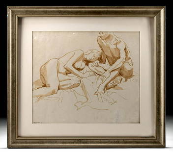 Signed Philip Pearlstein Watercolor - Nudes, 1961: Philip Pearlstein (American, b. 1924). Watercolor, 1961. Signed and dated on lower left. A wonderful watercolor by Philip Pearlstein, among the best-known American modernists who specialized in