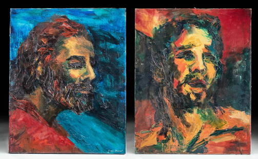 2 Gina Dawson Paintings, Christ & John the Baptist 1961: Gina Dawson, ordained name being Sister Rose Regina (American, active in mid-20th century). "The Calming of the Sea" and "Precursor" - both oil on canvas, ca. 1961. Two religious paintings, both