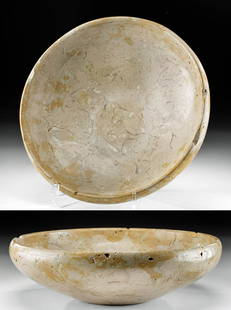 Fine Egyptian Early Dynastic Breccia Bowl: Ancient Egypt, Early Dynastic Period, late 1st to 2nd Dynasty, ca. 2900 to 2686 BCE. A superb bowl of a broad form that is expertly carved from a single piece of yellow breccia mottled with beige,