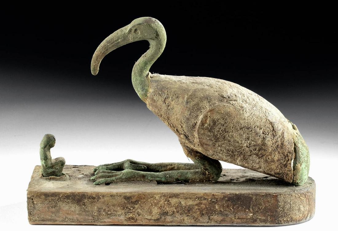 Egyptian Gesso'd Wood / Bronze Sacred Ibis + Worshipper (1 of 4)