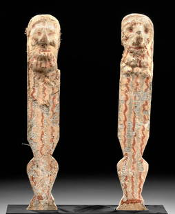 Fine Egyptian Late Dynastic Polychrome Wood Legs (pr): Ancient Egypt, Late Dynastic period, ca. 664 to 332 BCE. A special pair of finely carved and painted wooden legs, perhaps from a throne, an auxiliary royal seat, or a stool intended for a statue of a