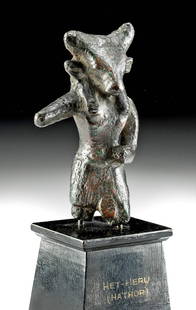 Egyptian Leaded Bronze Mnevis ex-Christies, ex-Museum: Egypt, Late Period, XXVI Dynasty, 664 to 525 BCE. Finely cast via the lost wax (cire perdue) process, a bronze statue of Mnevis, the bull-headed god worshipped in Heliopolis. The sculpture is a 3/4