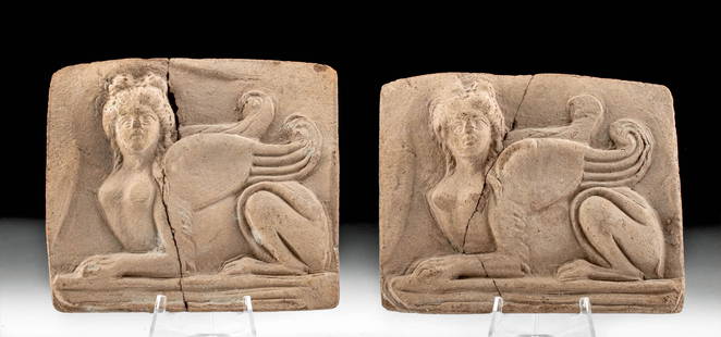 Greek Hellenistic Terracotta Plaques w/ Sphinx (pr): Greece, Hellenistic Period, ca. late 4th century to 2nd century CE. A pair of fascinating mold-made ceramic plaques, each one featuring a dramatic image of a sphinx. She is depicted in profile with