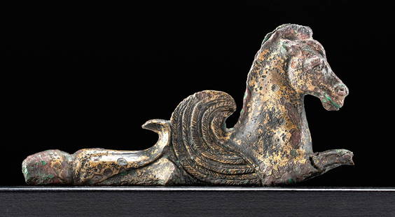 Romano-British Bronze Pegasus, ex-Royal Athena: Romano-British, Imperial Period, ca. 1st Century CE. Skillfully cast via the lost wax (cire perdue) process, a bronze vessel mount of a rare type, depicting the forepart of Pegasus emerging from