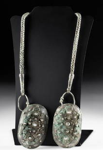 8th C. Viking Silver Status Kit Braided Chain, Pendants: Northern Europe, Scandinavia, Viking or Norse culture, ca. 8th to 10th century CE. A stunning example of a 'status kit' worn by aristocratic wives of prominent Viking warriors. The lengthy chain is