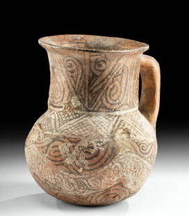 Islamic White Slipware Vessel - Extensively Decorated: Eastern Mediterranean, Islamic, ca. 9th to 12th century CE. An attractive polychrome pottery vessel of a globular form with a near-spherical body, a long tubular neck that dramatically flares at the