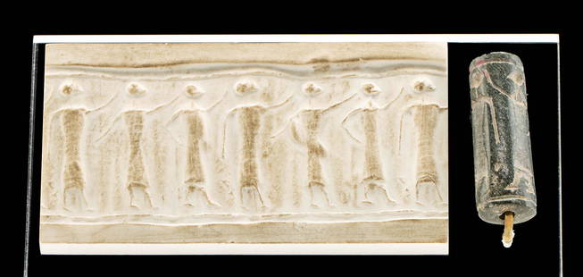 Jemdet Nasr Stone Cylinder Seal Bead w/ Figures: Ancient Near East, Jemdet Nasr, ca. 3100 to 2900 BCE. A cylinder seal carved from a hard stone of jet black hues, most likely chalcedony, finely incised with seven figures standing in composite