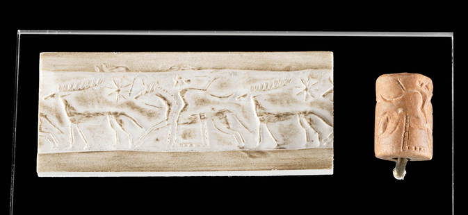 Sasanian Stone Cylinder Seal Bead Equestrian & Stag: Ancient Near East/Central Asia, Sasanian (Sassanian/Sassanid) Empire, ca. 2nd to 7th century CE. An opaque warm brown stone cylinder seal depicting a dramatic scene of a hunter on horseback pursuing