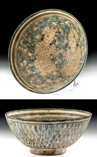 13th C. Persian Il-Khanid Glazed Pottery Bowl ex-Malter: Western Asia, Persia (Iran) or possibly Syria, Ilkhanid (Il-Khanid, Ilkhanate), ca. 1256 to 1353 CE. A gorgeous ceramic bowl, hemispherical and with a short, ring-shaped foot. The interior is painted