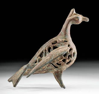 12th C. Persian Seljuk Brass Censer - Standing Bird: Western/Central Asia, Persia, northern Iran / western Afghanistan, Seljuk (Seljuq) Empire, ca. 12th to 13th century CE. A fine censer in the form of a standing bird that is cast from brass via the los