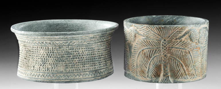 Pair of Bactrian Chlorite Bowls w/ Incised Designs: Central Asia, modern day Southern Iran / Gulf Region, Bactrian, ca. 2600 to 2250 BCE. A gorgeous pair of bowls, each hand-carved from grey-teal chlorite schist and adorned with beautiful,