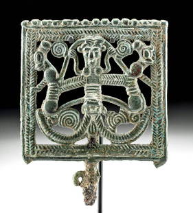 Luristan Bronze Pin Master of Animals, ex-Sotheby's: Ancient Near East, northwestern Iran, Luristan, ca. 8th to 7th century BCE. A spectacular leaded bronze square openwork in the style of "master of animals;" a highly stylized anthropomorphic figure