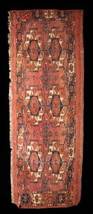 Early 19th C. Turkoman Tekke 6-Gul Torba Rug: Central Asia, Turkmenistan and Afghanistan, Turkoman (Turkman) Tekke peoples, ca. early to mid-19th century CE. A beautiful rug known as a torba of a lengthy rectangular form decorated with hues of