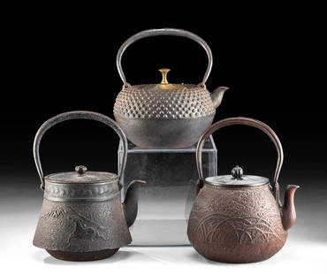 19th C. Japanese Meiji Iron Teapots (group of 3): East Asia, Japan, Meiji, ca. late 19th century CE. A charming ensemble of three iron tea kettles, all elaborately adorned with relief designs and presenting forms comprised of concave, circular bases,