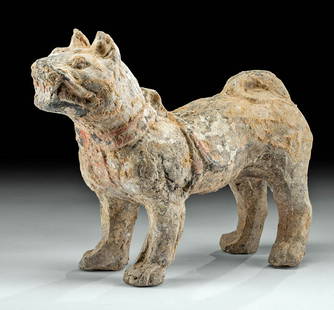 Chinese Han Dynasty Terracotta Dog, ex-Barakat: East Asia, China, Han Dynasty, ca. 206 BCE to 220 CE. An alert dog with a strong, protective stance and a fierce disposition, made from baked terracotta. His sturdy legs support his barrel-shaped