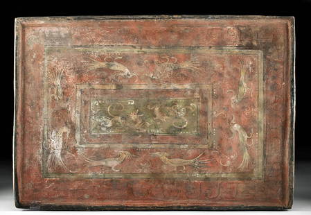 Chinese Han Dynasty Plaque Avians, Leonines - TL'd: East Asia, China, Han Dynasty, ca. 206 BCE to 220 CE. A hand-built pottery plaque of a fabulous style depicting finely detailed registers of curvilinear, avian, and leonine motifs. The rectangular