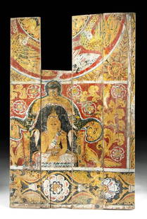 Huge 19th C. Thai Painting on Wood Panels w/ Buddha: Southeast Asia, Thailand, ca. 19th century. A splendid and sizable painting comprised of four large wooden panels and displaying a buddha in vibrant hues of crimson, gold, forest green, black,