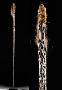 19th C. Indonesian Wood Shaman Staff w/ Horse Hair: Southeast Asia, Indonesia, Sumatra, Batak peoples, ca. late 19th to early 20th century CE. A fantastic, hand-carved wooden shaman's staff formed from a singular piece of red-brown hardwood and bearing