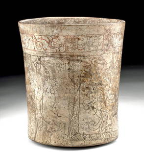 Maya Pottery Vase Incised Mythological Scenes: Pre-Columbian, Mexico, Chiapas / Campeche / Yucatan, Maya, Late Classic Period, ca. 600 to 800 CE. A stunning pottery vase exhibiting a circular base and impressively thin walls that rise to a