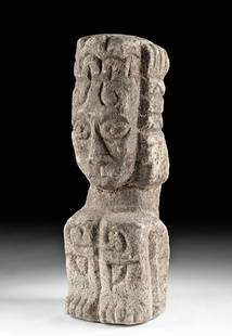 Large Toltec Maya Limestone Atlantean Figure: Pre-Columbian, Mexico, Northern Yucatan Peninsula, Toltec Maya, ca. 800 to 1100 CE. Rare and quite fine stone figure carved from local limestone bedrock - which permeates the region. This sculpture