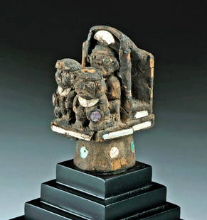 Incredible Moche Wood Scepter Finial w/ Inlays: Pre-Columbian, Peru (North Coast), Moche Culture, ca. 100 to 400 CE. Wow! An incredibly preserved, extremely rare wooden scepter finial. It depicts a structure with a lord inside of it, perhaps meant
