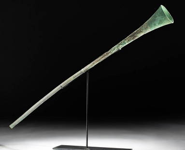 Huge Moche Copper Trumpet Ceremonial Use: Pre-Columbian, Peru (North Coast), Moche Culture, ca. 100 to 500 CE. A magnificent, rare example of a long trumpet, made from three sheets of copper rolled together to form a massive musical