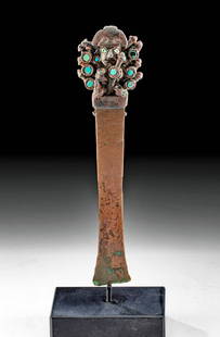 Moche Copper Tumi of a Lord w/ Turquoise Inlays: Pre-Columbian, from Northern Peru, Moche I or II, ca. 100 to 300 CE. A remarkable copper ceremonial knife (tumi) depicting a lord warrior seated on a throne of war clubs and inlaid with 20 vibrant