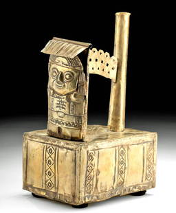 Sican Lambayeque Gold Stirrup Vessel w/ Naylamp: Pre-Columbian, North Coast Peru, Sican/Lambayeque, ca. 9th to 11th century CE. A remarkable example of the luxury arts created by the Sican/Lambayeque culture, this stirrup vessel is comprised of 58%