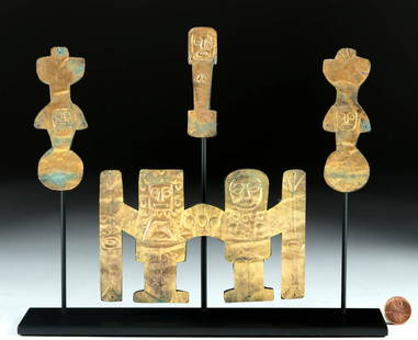 Tiahuanaco Gilded Copper Appliques Anthropomorphics: Pre-Columbian, Bolivia, Lake Titicaca region, Tiahuanaco / Tiwanaku, ca. 400 to 700 CE. A beautiful set of hammered copper appliques covered in gilding in a variety of abstract anthropomorphic forms.