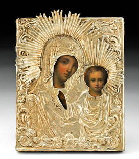 19th C. Russian Icon w/ Silver Oklad - Virgin & Child: Eastern Europe, Russia, ca. late 19th to early 20th century CE. A striking icon depicting the Mother of God (Theotokos) as the Virgin Hodegetria. According to legend, this icon restored the eyesight
