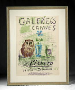 Framed Picasso "Gallerie 65 Cannes" Lithograph - 1956: Pablo Ruiz Picasso (Spanish/French, 1881-1973), "Galerie 65 Cannes" or "Hibou, verre et fleur" (Owl, Glass, and Flower), colored lithograph, 1956, printed by Mourlot in Paris on woven paper. Original