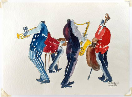 Signed Leo Meiersdorff Watercolor - New Orleans, 1970: Leo Meiersdorff (German-born American, 1934-1994). "New Orleans" watercolor, 1970. Signed, dated, and titled on lower right. An outstanding signed Leo Meiersdorff watercolor depicting four jazz