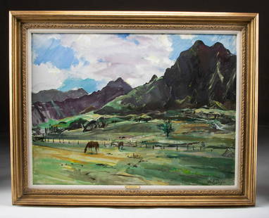 Exhibited Draper Painting - Hawaii Horse Ranch - 1975: William Draper (American, 1912-2003). "Horses, Swensen Ranch, Oahu, Hawaii" oil on canvas, 1975. Signed "Wm. F. Draper" on lower right. A breathtaking landscape painting of a sunlit horse ranch on