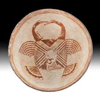 Rare Prehistoric Mimbres Pottery Bowl - Turkeys: North America, Southwestern US, New Mexico, Mimbres Valley, ca. 950 to 1150 CE. A remarkable hand-built pottery bowl featuring a round base, a hemispherical body, and a circular rim over a deep