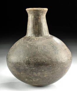 Mississippian Nodena Walls Engraved Pottery Jar w/ TL: Native American, American Southeast, Nodena Phase, Mississippian Culture, “Walls Engraved” type ca. 1350 CE. A fine example of a rare ceramic type, most likely from the Missouri/ Arkansas border a